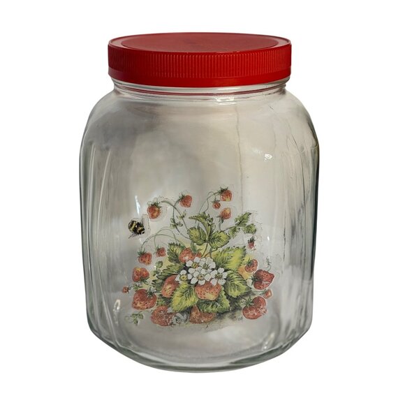 VTG 9" Large Glass Canister Jar Red Lid Strawberry Bee Decal Retro Kitchen Decor - Picture 1 of 6